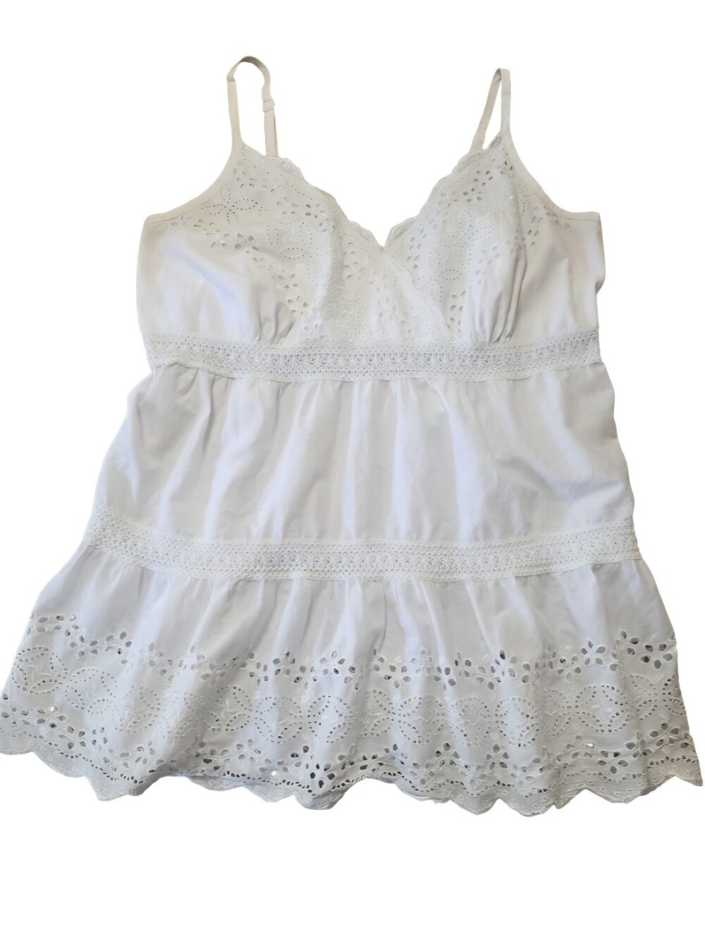 White eyelet & lace tank top cami blouse w/adjustable spaghetti straps. V-neck .